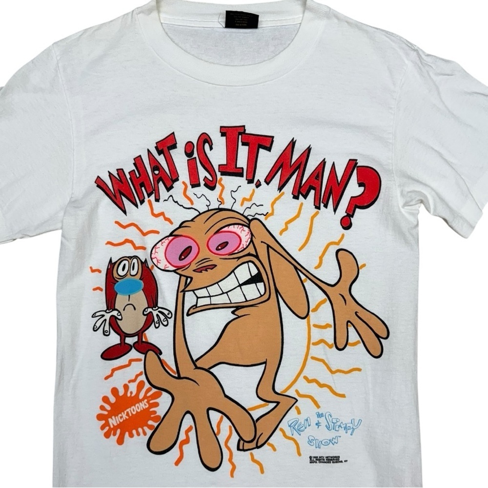 Vintage 90s Ren & Stimpy “What Is It Man?” Graphic Cartoon T-Shirt White Medium